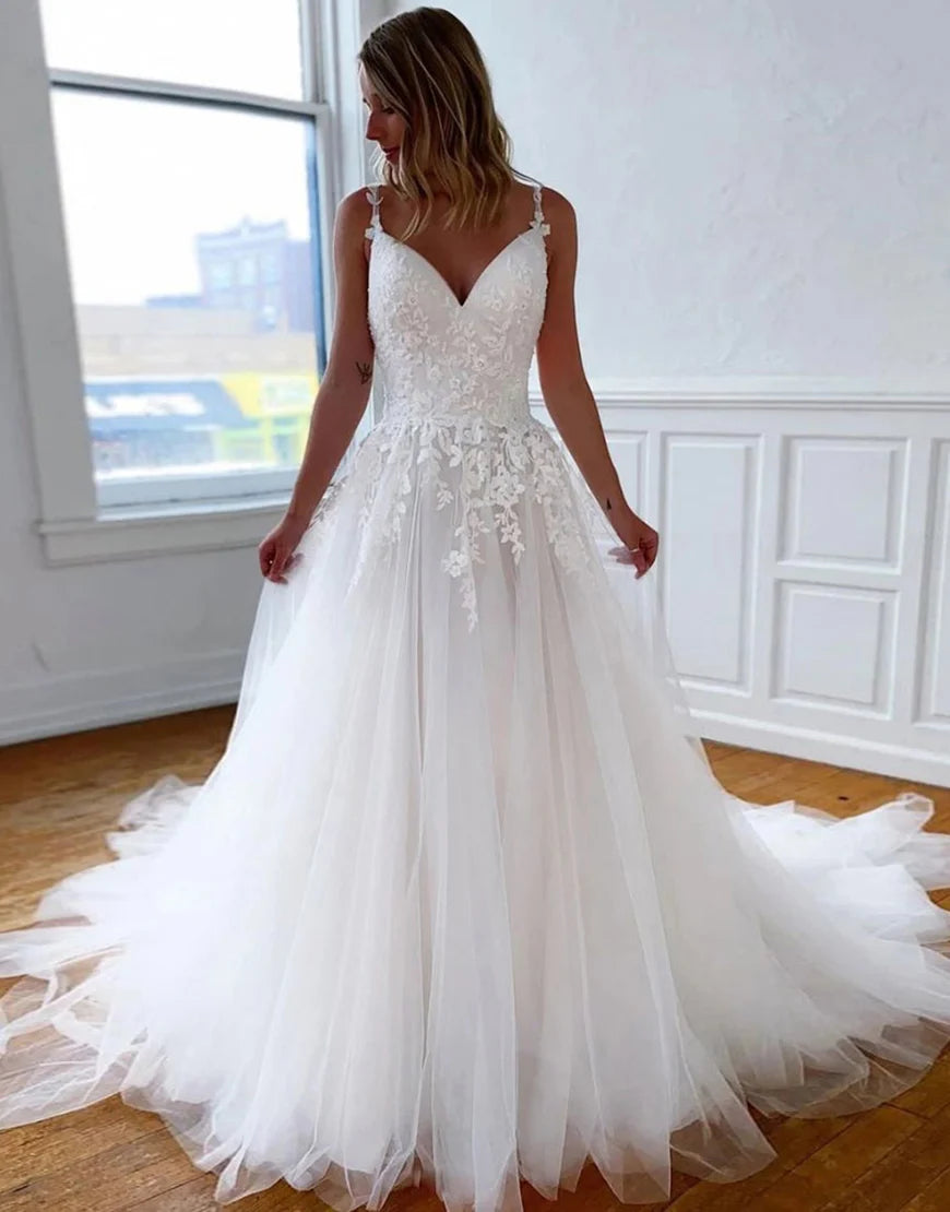 Spaghetti Straps Backless Long Bridal Dress