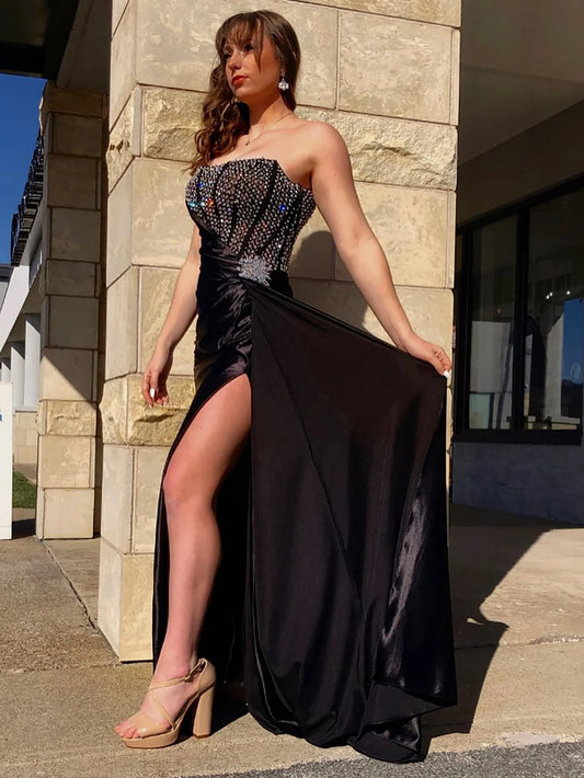 A Line Strapless Off-the-Shoulder Beaded Split Fork Prom Dress