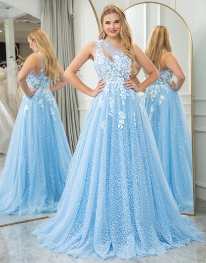 A Line One Shoulder Long Prom Dress With Appliques
