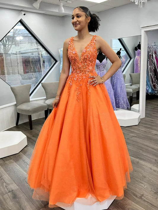 Tulle V Neck Sparkly Long Prom Dress With Appliques
