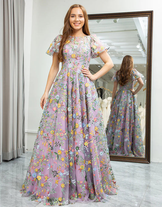A-Line Embroidered Long Prom Dress With Appliqued
