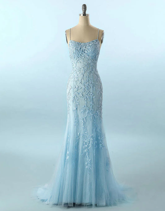 Mermaid Blue Long Backless Tight Prom Dress