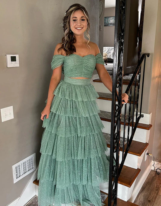 A Line Off The Shoulder Two Pieces Long Prom Dress
