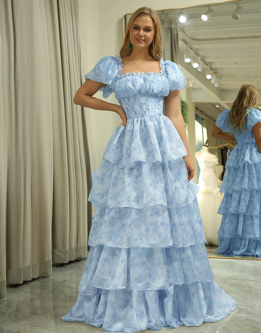 A Line Off The Shoulder Long Tiered Long Prom Dress