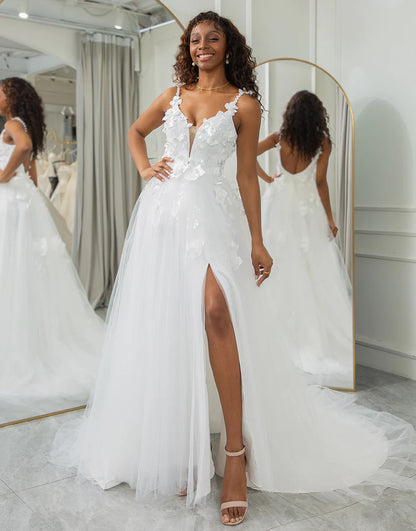 A Line Lace Backless Wedding Dress Side Split With 3D Appliqued