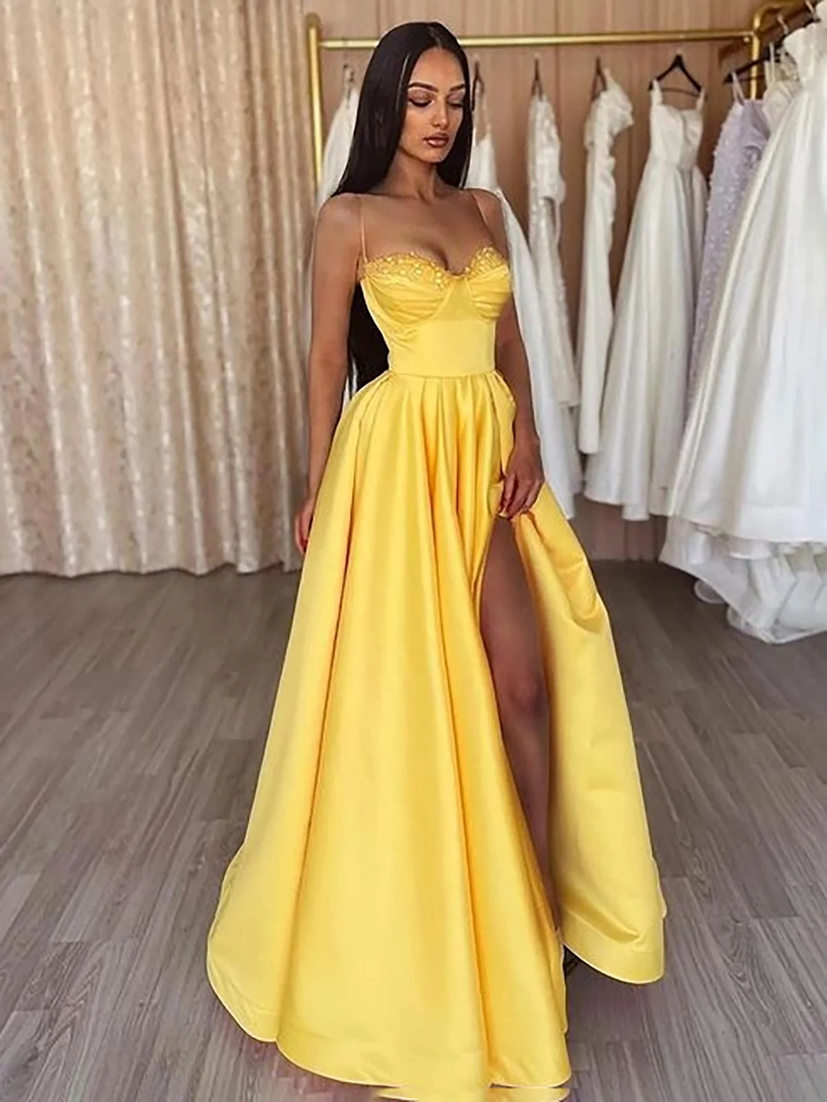 Spaghetti Straps Sleeveless Long Prom Dress With Slit