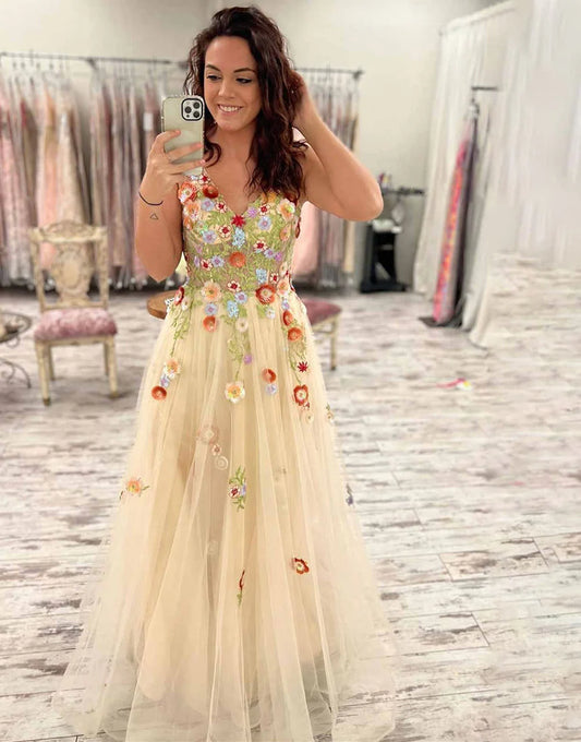 V Neck Tulle Flower A Line Long Prom Dress