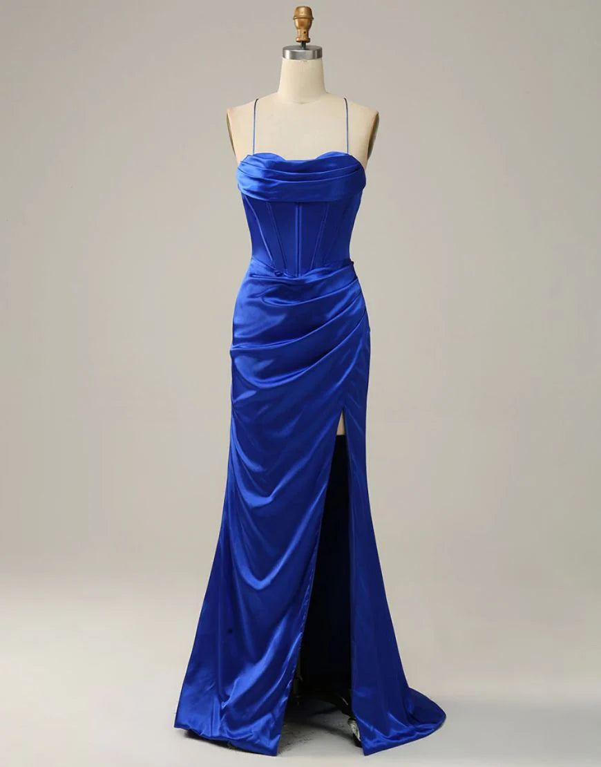 Spaghetti Straps Satin Mermaid Prom Dress with Slit