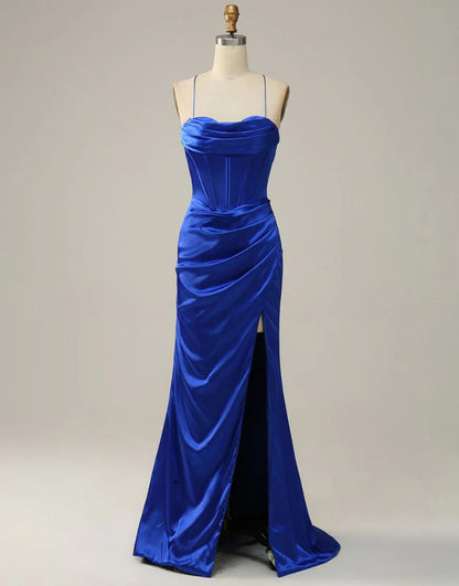 Spaghetti Straps Satin Mermaid Prom Dress with Slit