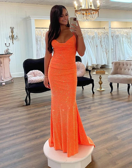 Mermaid Spaghetti Strap Sequin Prom Dress