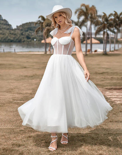 Tulle Corset Tea-Length A Line Wedding Dress