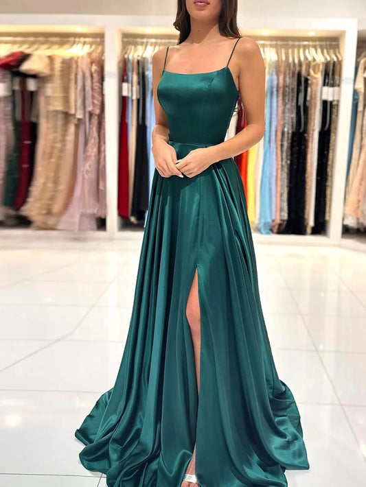 A Line Spaghetti Straps Satin Long Prom Dress