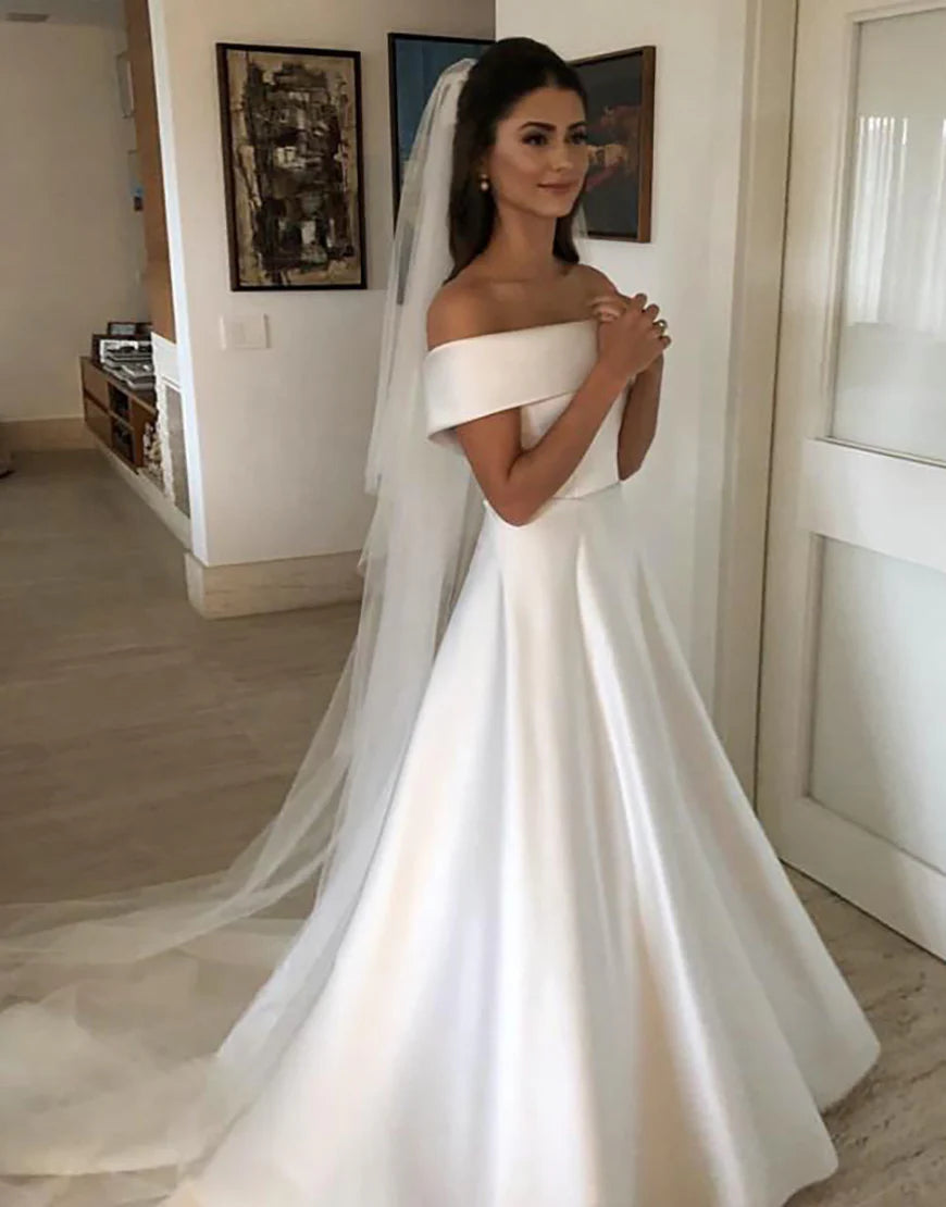 Off the Shoulder A Line Long Bridal Dress