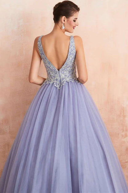 Tulle Silver Rhinestone Appliques Ball Gown Dress