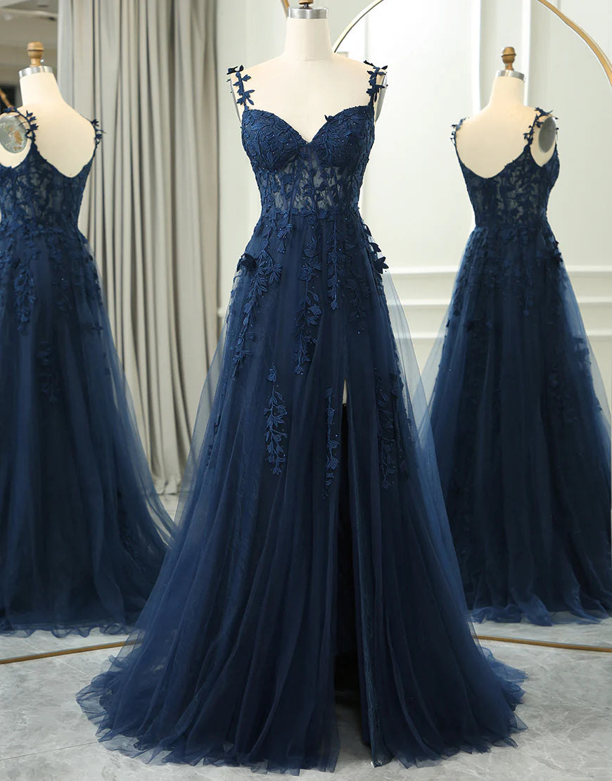 A Line Spaghetti Straps Long Prom Dress With Appliques