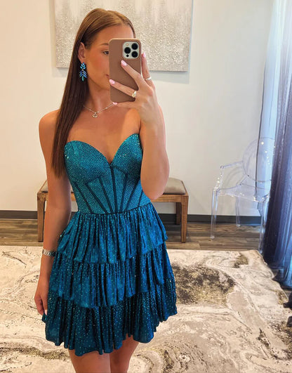 A Line Sparkly Peacock Blue Short Homecoming Dress