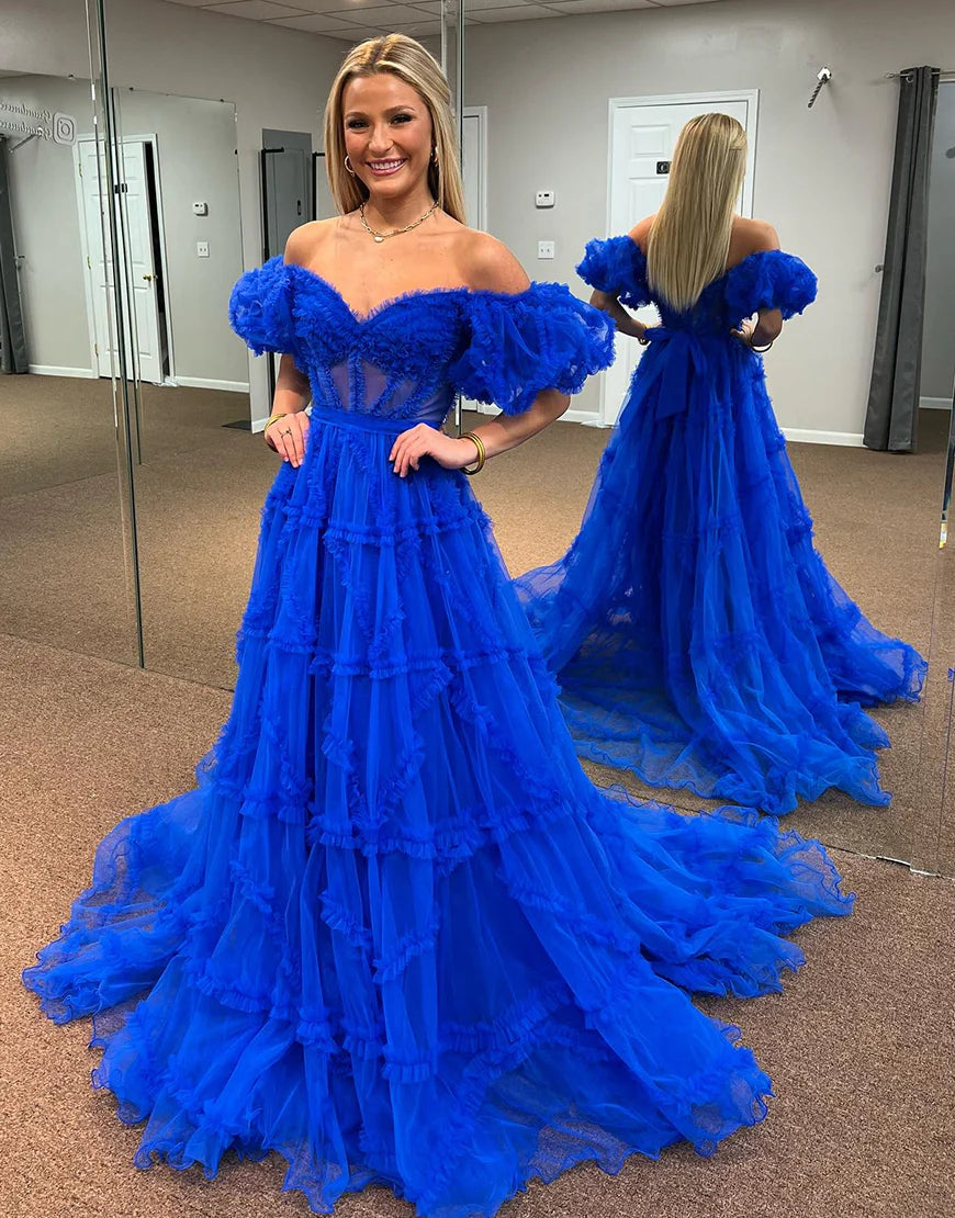 A Line Off The Shoulder Long Prom Dress with Ruffles