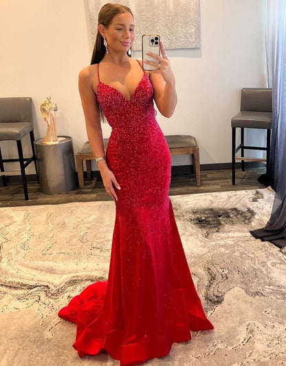 V-neck Beaded Mermaid Long Prom Dress