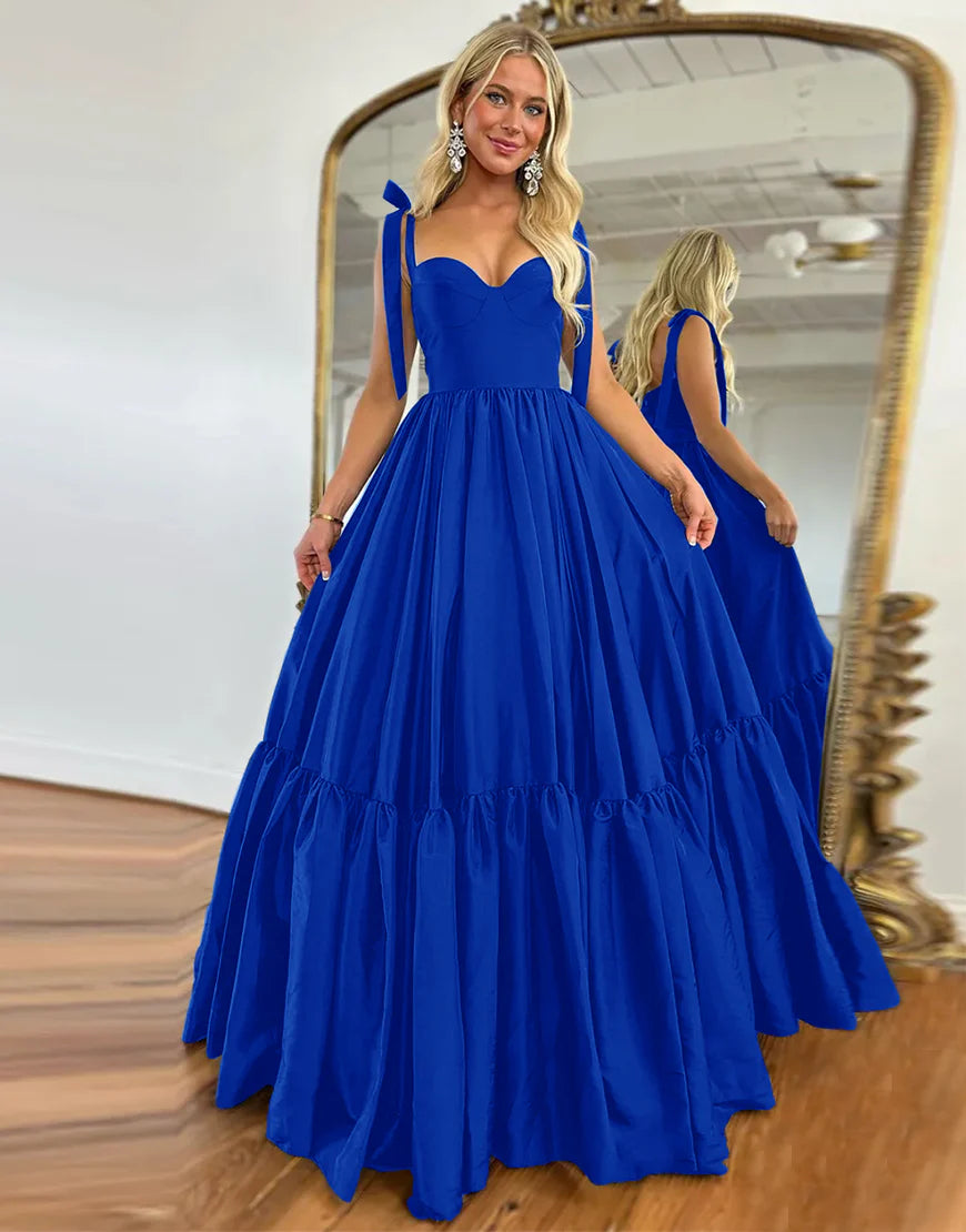 Sweet Black Princess A-Line Tie Straps Long Satin Prom Dress