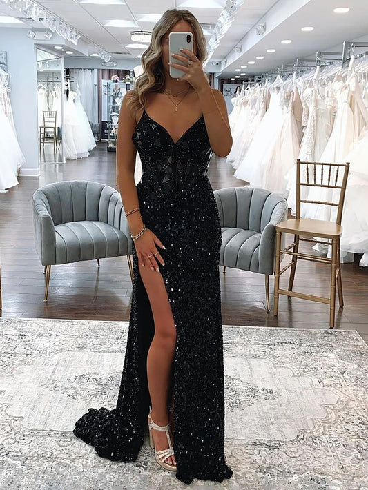 Spaghetti Straps Sequin Long Prom Dress With Slit