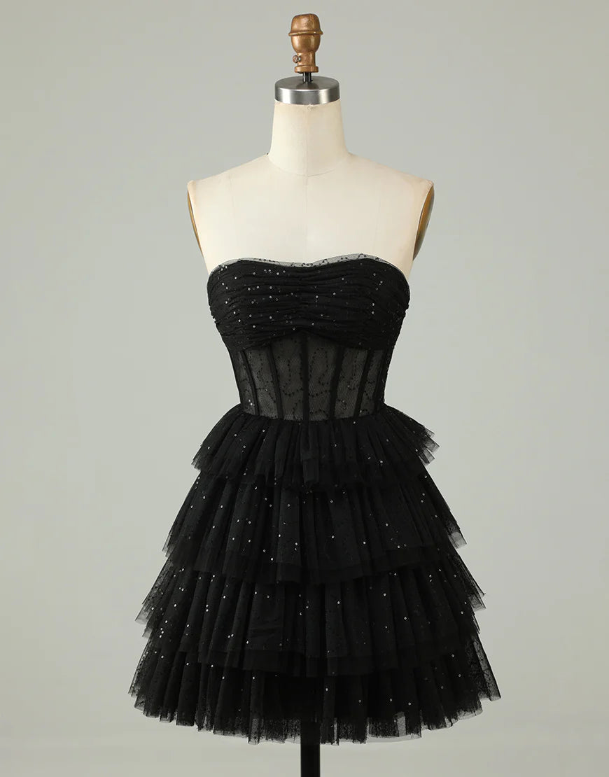 A Line Strapless Tulle Black Corset Homecoming Dress