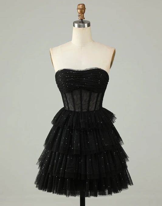 A Line Strapless Tulle Black Corset Homecoming Dress