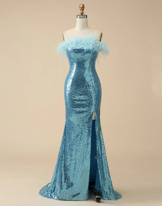 Strapless Feathers Side Slit Sequin Prom Dress