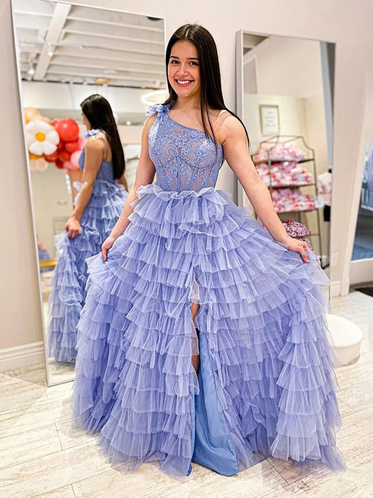 A Line One Shoulder Corset Long Prom Dress