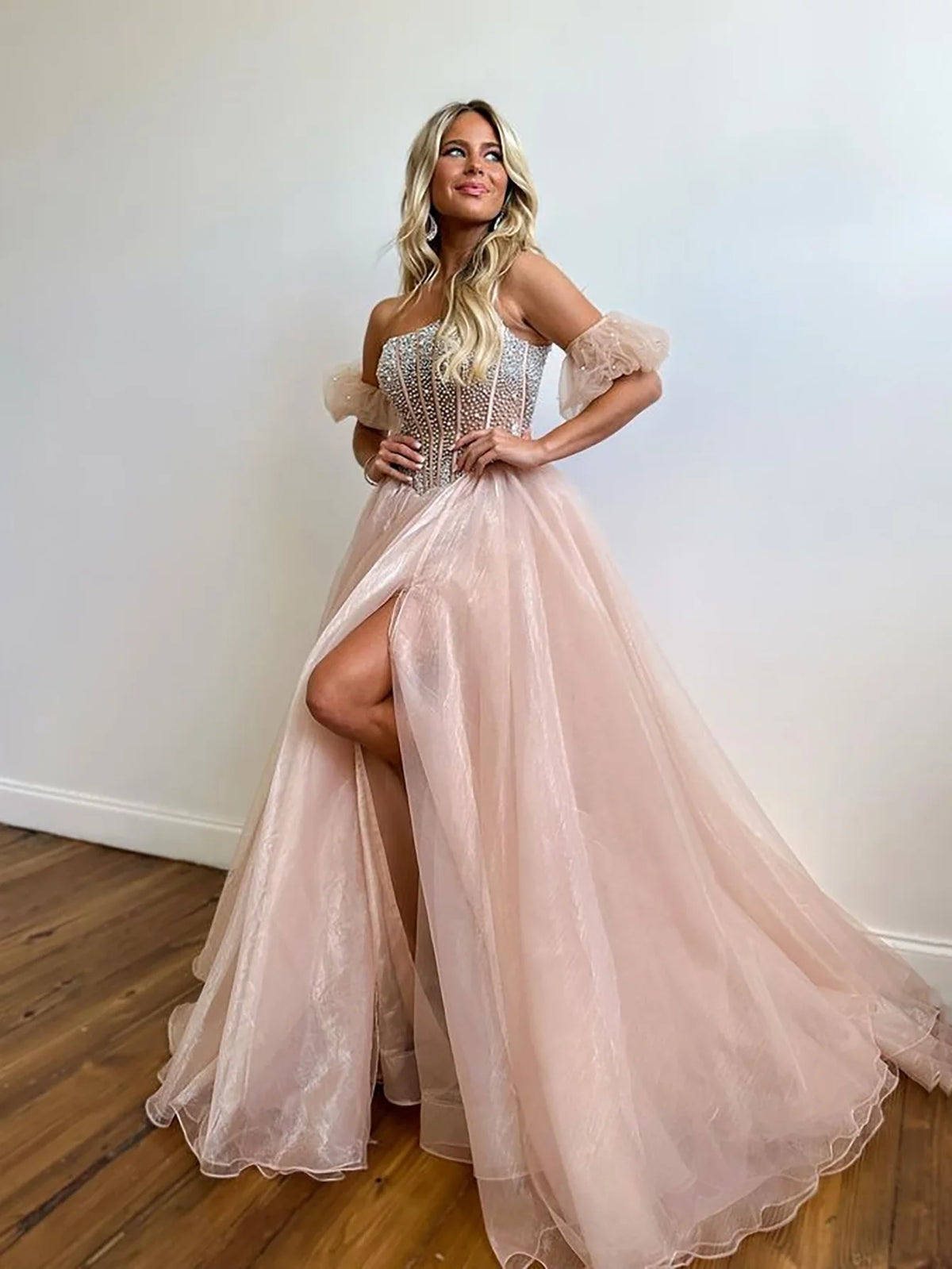 A Line Beading Strapless Long Prom Dress