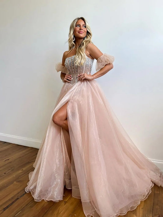 A Line Beading Strapless Long Prom Dress