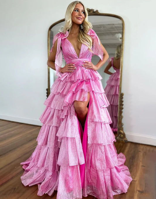 V Neck Tiered Long Prom Dress