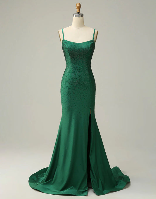 Mermaid Spaghetti Straps Dark Green Long Prom Dress with Beading