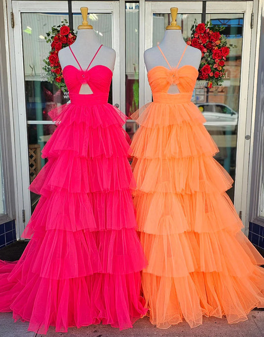 A Line Halter Keyhole Pleated Tiered Prom Dress