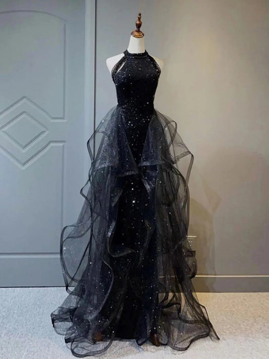 A Line Sparkly Halter Long Prom Dress