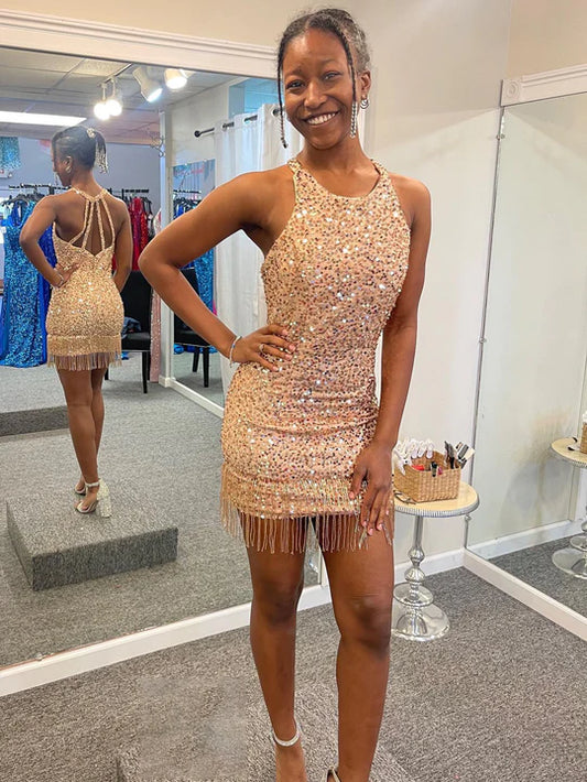 Champagne Sequin Halter Homecoming Dress With Tassel