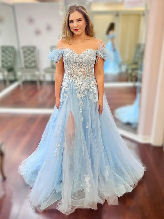 A Line Off The Shoulder Appliques Prom Dress With Feathers