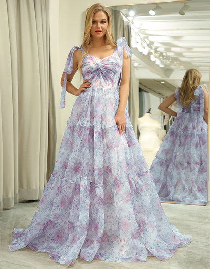 Floral Print A Line Off The Shoulder Long Tiered Prom Dress
