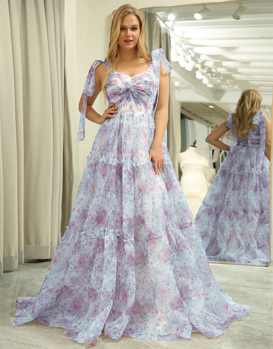 Floral Print A Line Off The Shoulder Long Tiered Prom Dress