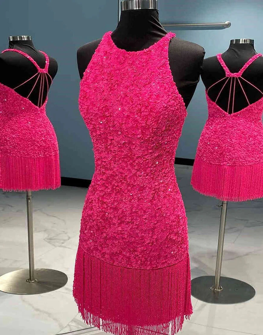 Halter Pink Homecoming Dress with Tassel