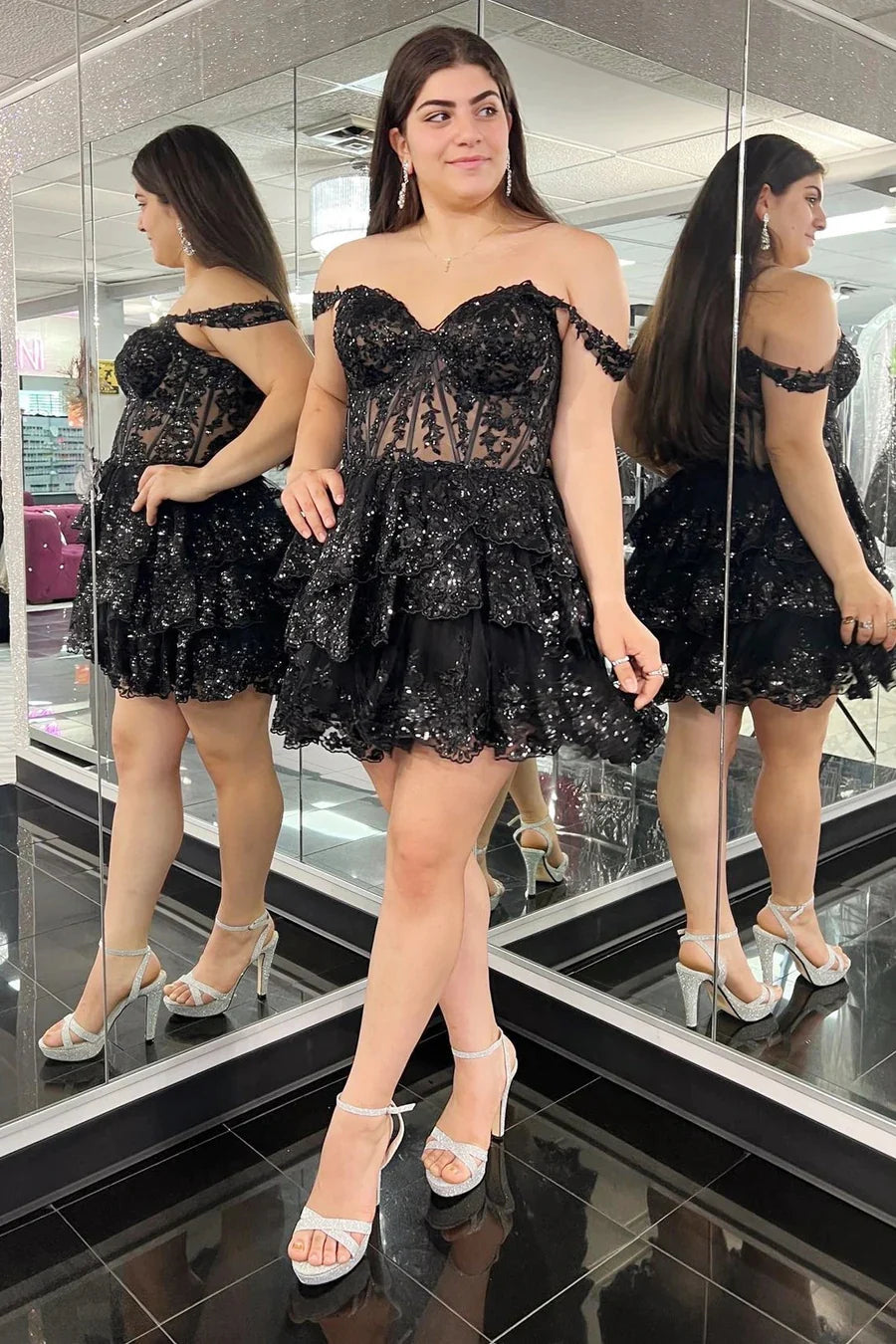 Black Off the Shoulder A Line Corset Homecoming Dress