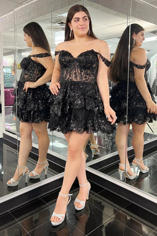Black Off the Shoulder A Line Corset Homecoming Dress