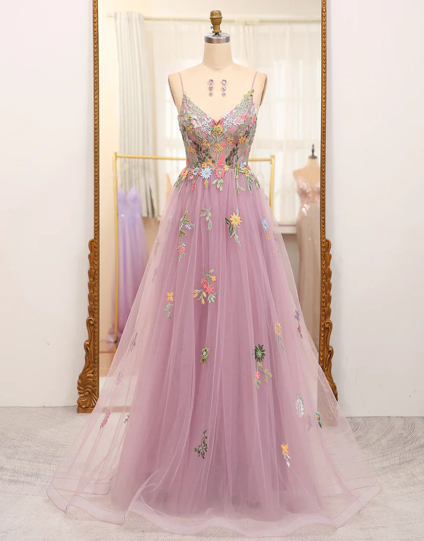 A Line Tulle Beaded Long Prom Dress With Appliques