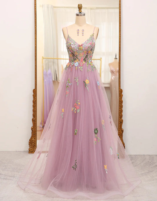 A Line Tulle Beaded Long Prom Dress With Appliques