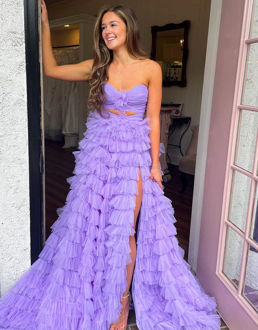 A-Line Off The Shoulder Keyhole Ruffle Tiered Long Prom Dress