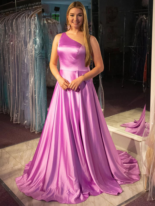 A Line One Shoulder Satin Prom Dress