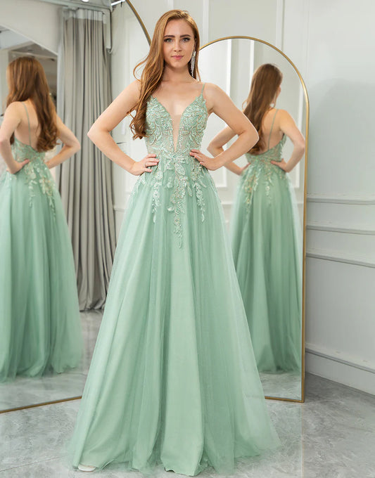 A Line Tulle Long Prom Dress With Appliques