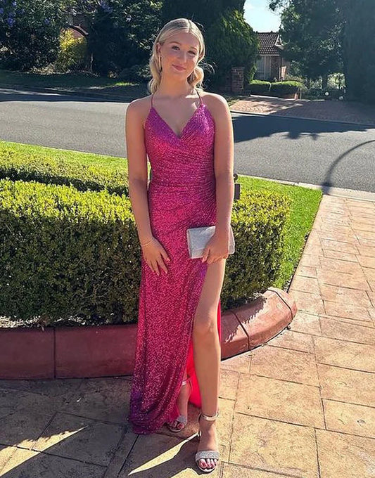 Sparkly Spaghetti Straps Mermaid Sequin Long Prom Dress With Slit