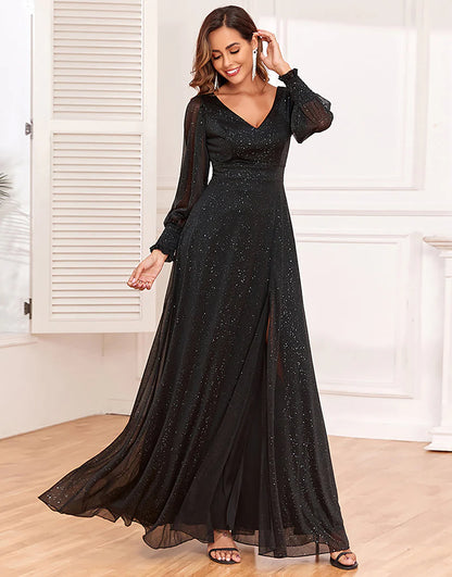 A-Line Long Sleeves Black Mother of The Bride Dress with Slit