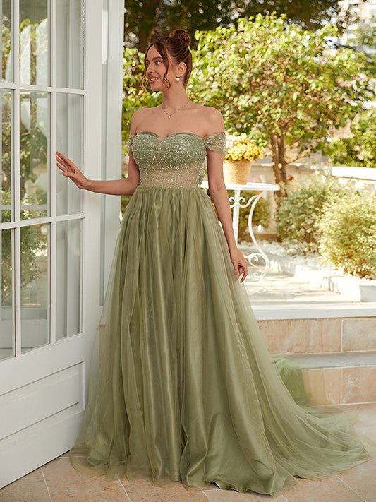 Princess Charming Off the Shoulder  Sweep/Brush Train Dresses Long Prom Dress With Sequins