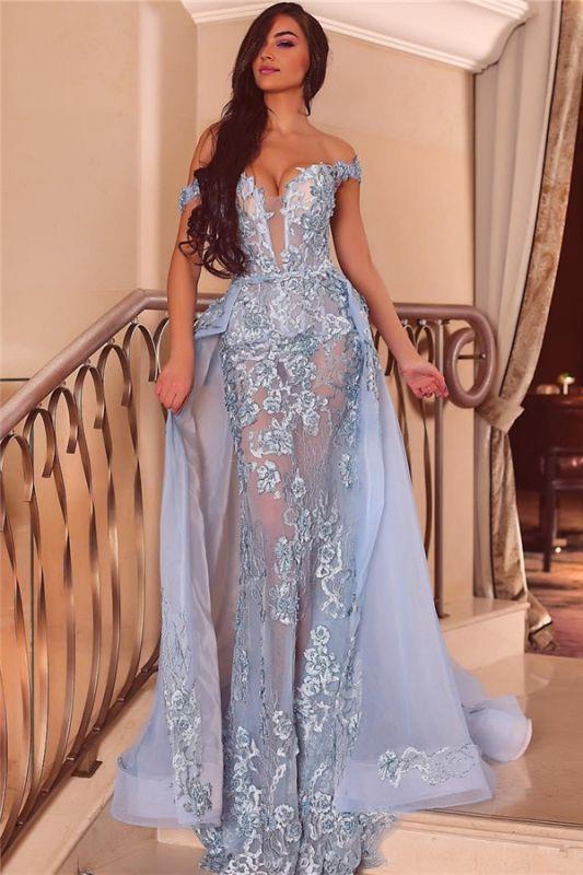 Sheath  Off-the-Shoulder Sweep/Brush Train Dresses Sexy See Through  Tulle Evening Dress With Appliques